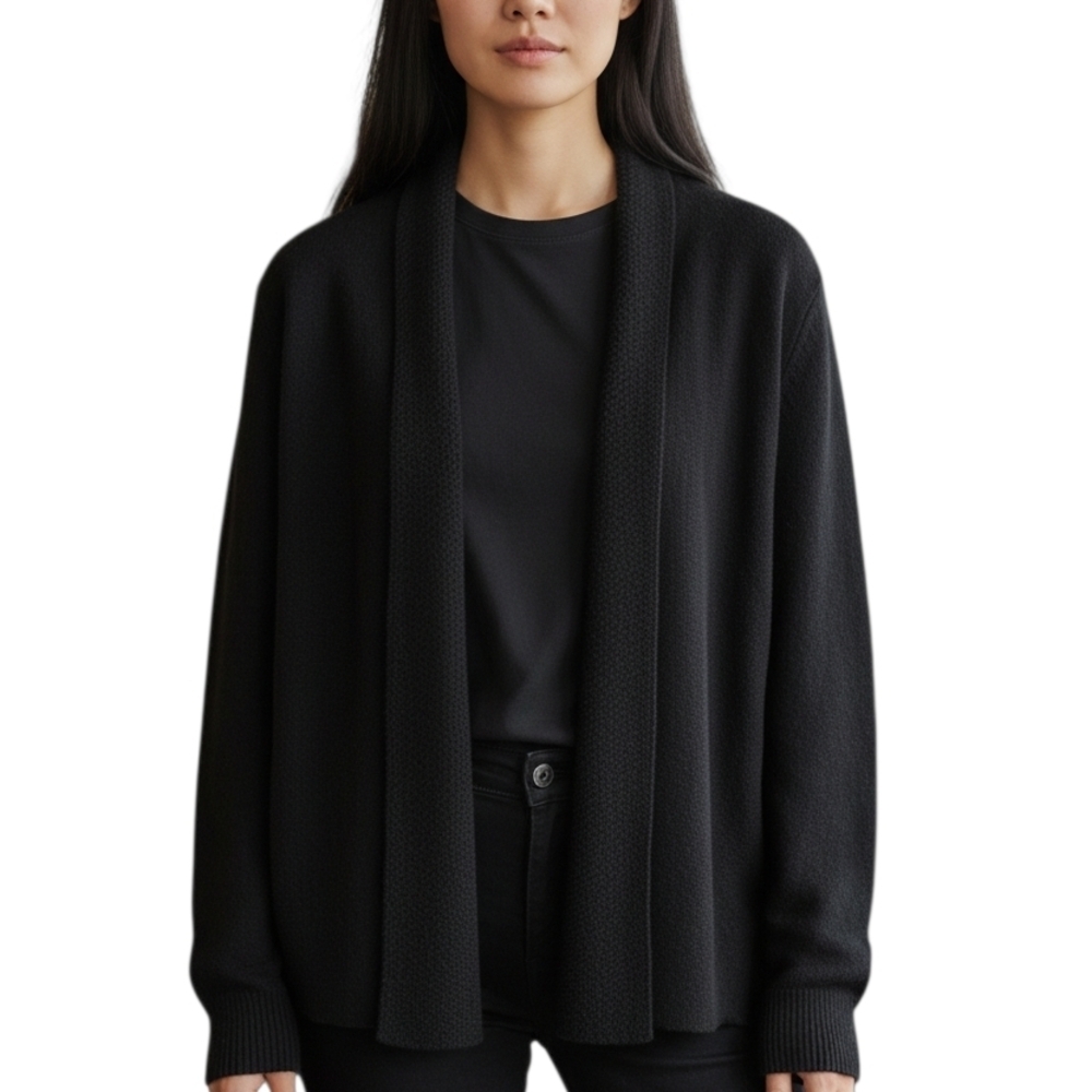 Eileen Fisher Black Open Front Drape Cardigan Minimalist Luxury Knit Size XL